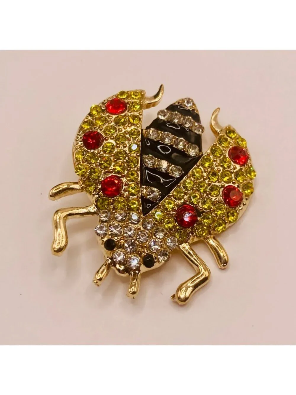 Rhinestone Ladybug Brooch Pin Red & Yellow Crystals -95B